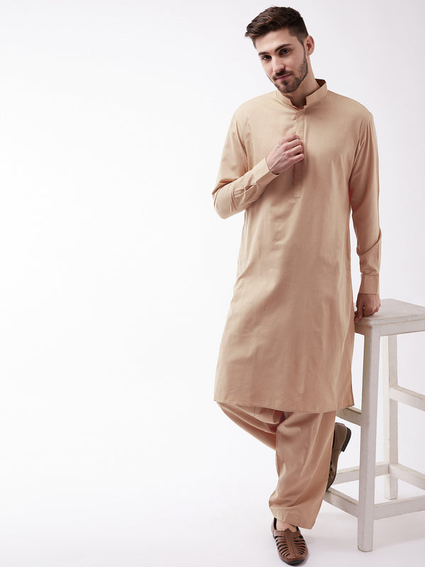 VASTRAMAY Men's Chiku Cotton Blend Kurta and Pyjama Set
